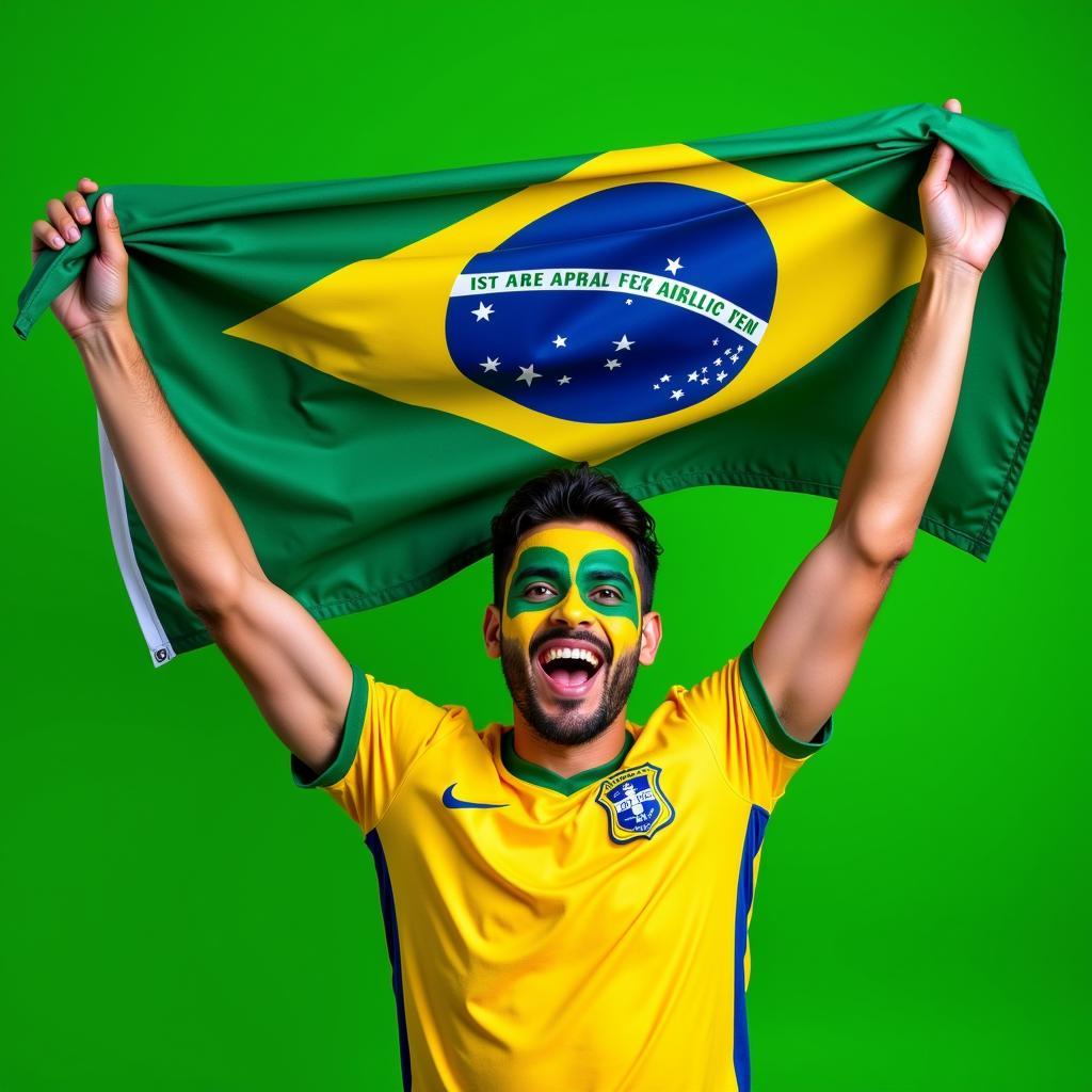 Brazilian Football Fan Celebrating with Flag PNG