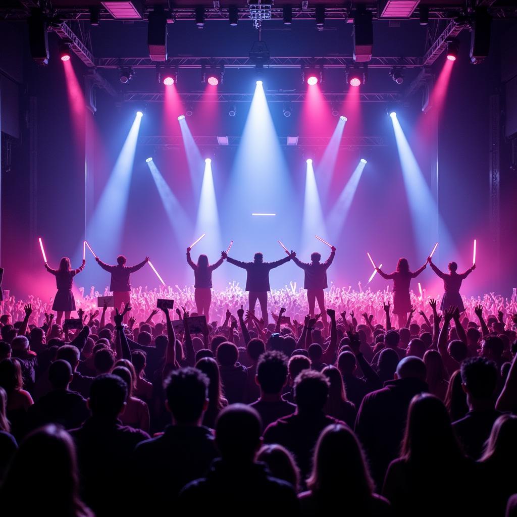 BTOB performing on stage with a vibrant crowd of Melodies cheering