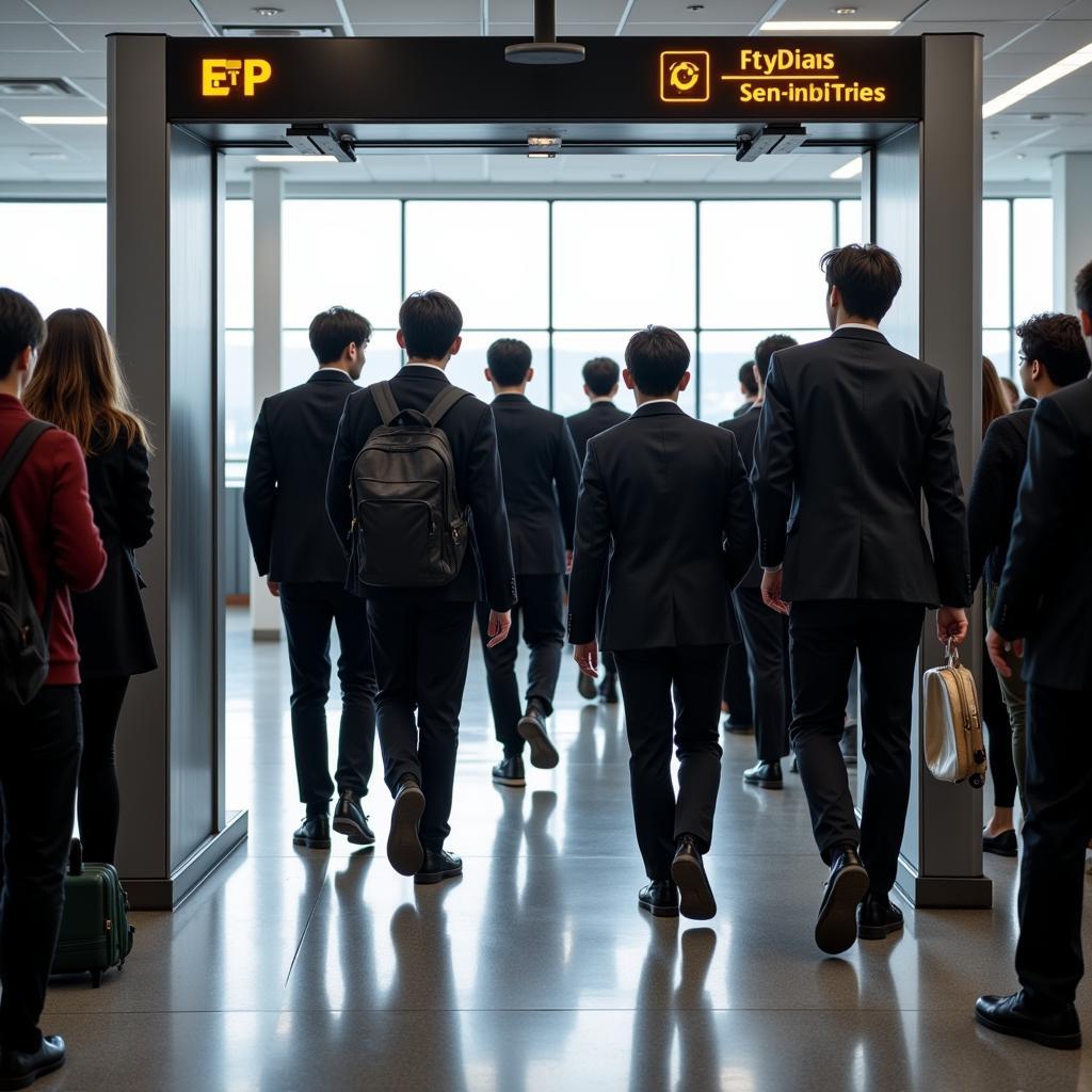 BTS Members Navigating Airport Security with Fans in the Background