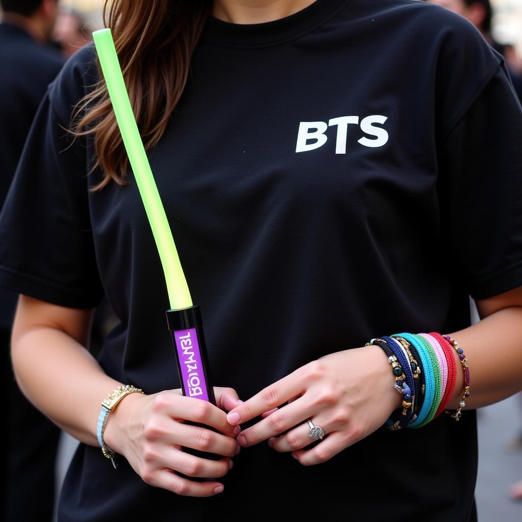 BTS Fan Wearing a Black Shirt with Merchandise