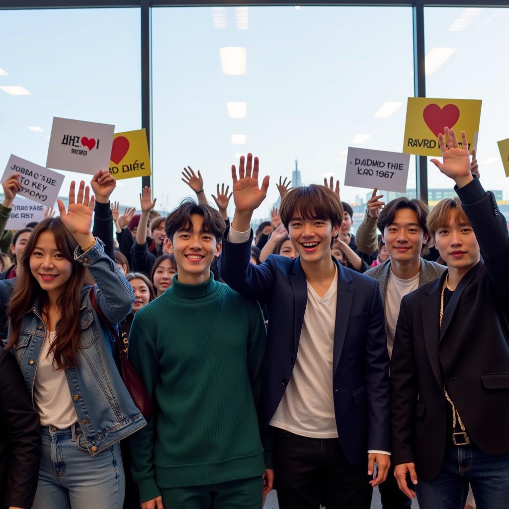 BTS Members Waving to Fans at Airport Arrival