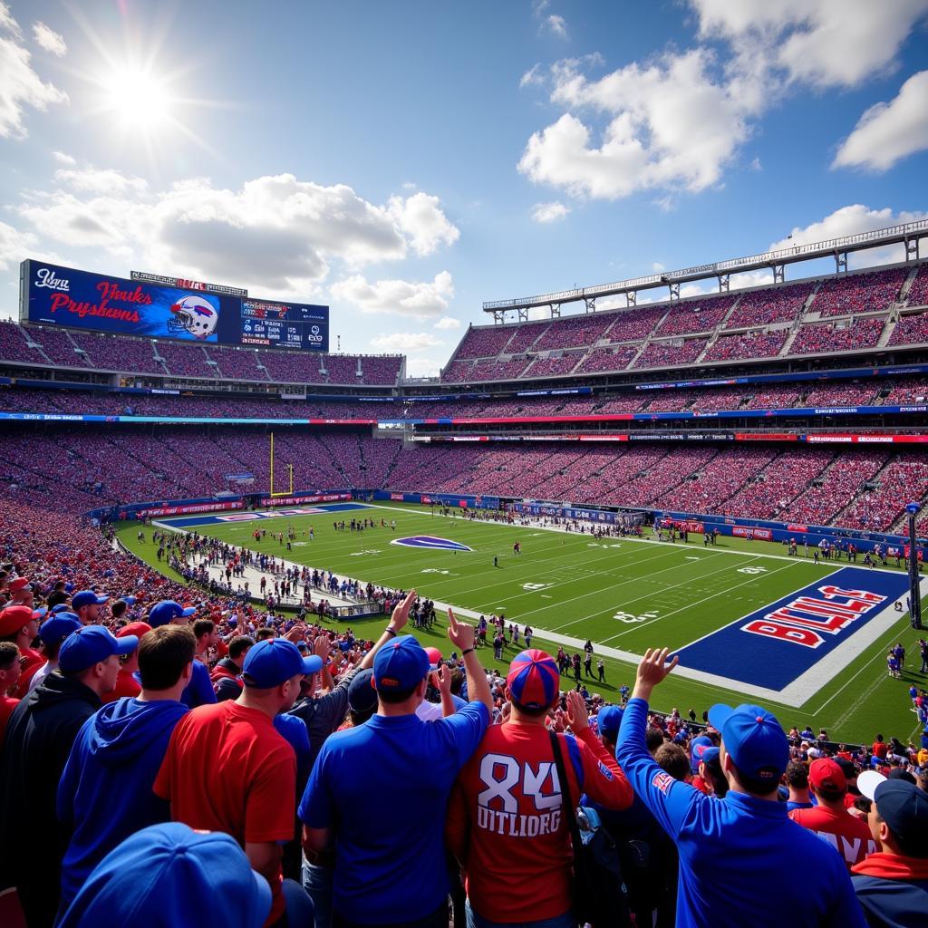 Buffalo Bills fans cheering enthusiastically in a packed stadium.