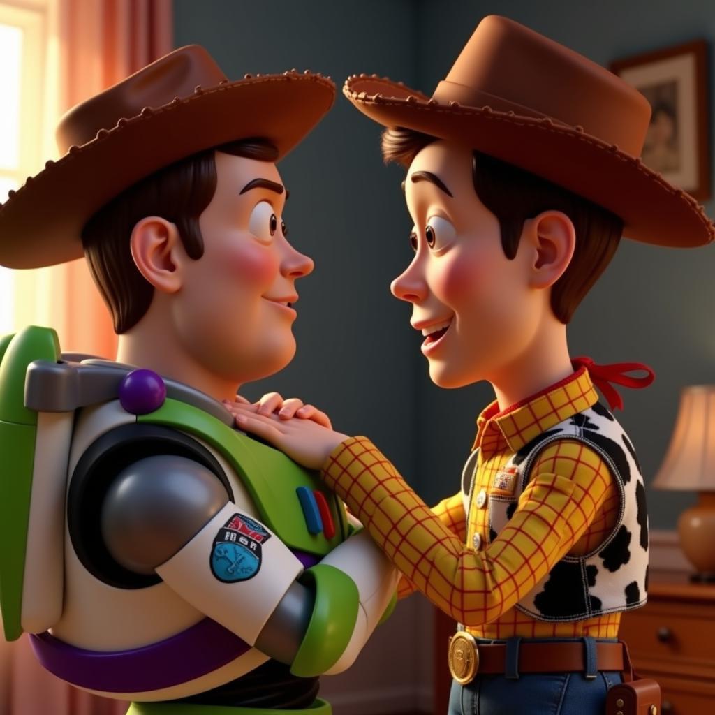 Buzz and Woody share an emotional moment, reflecting their deep bond.