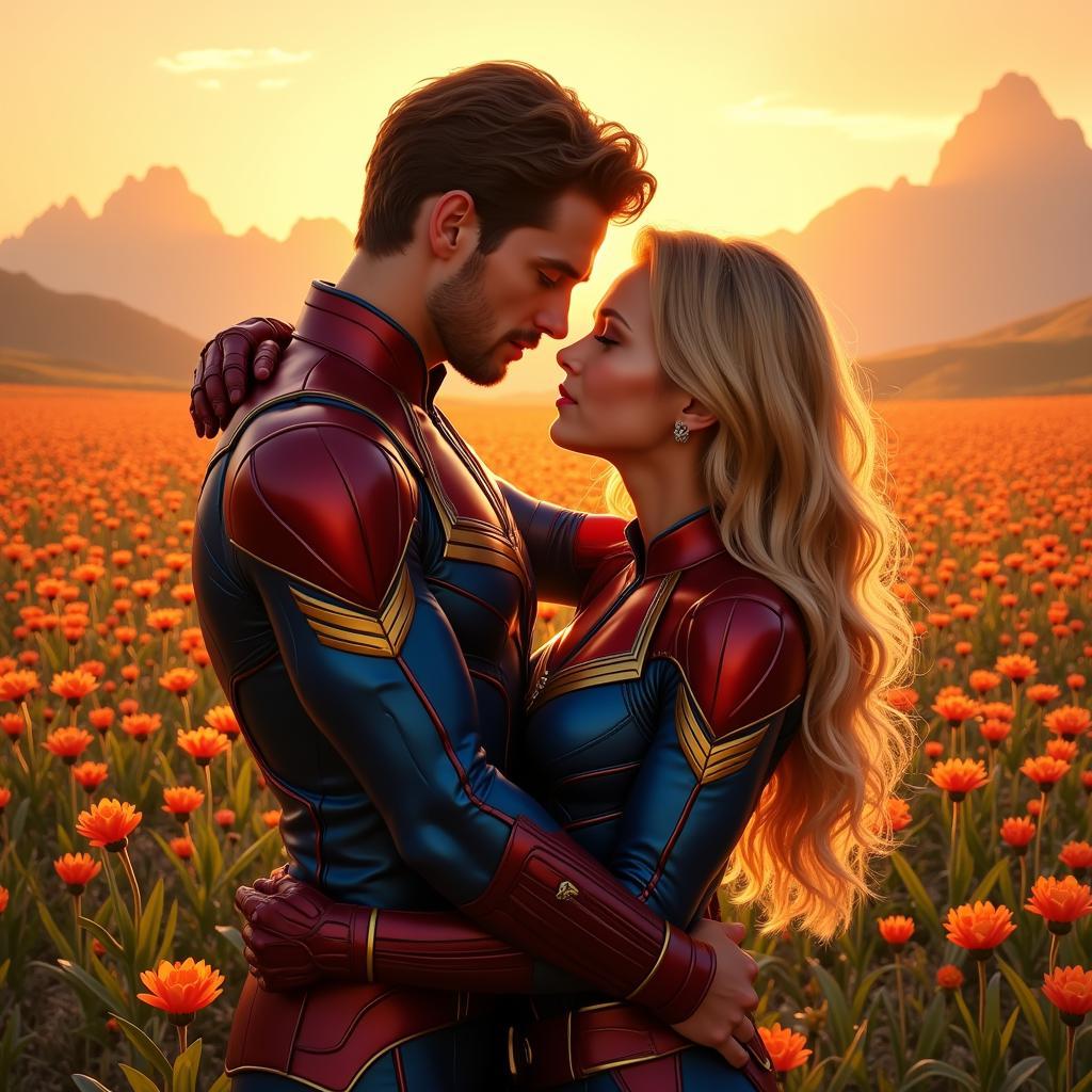 Captain Marvel and Valkyrie embracing in a romantic setting