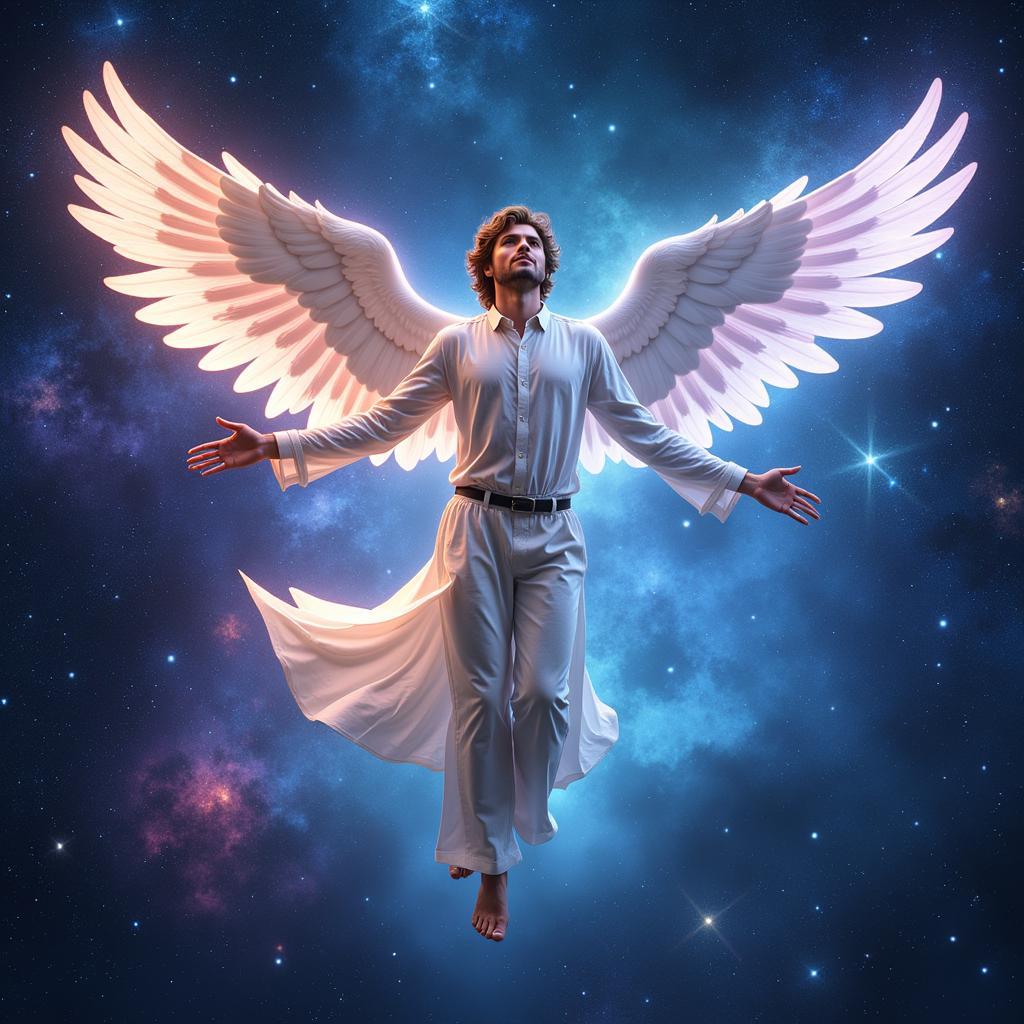 Castiel with his wings spread wide against a starry sky.