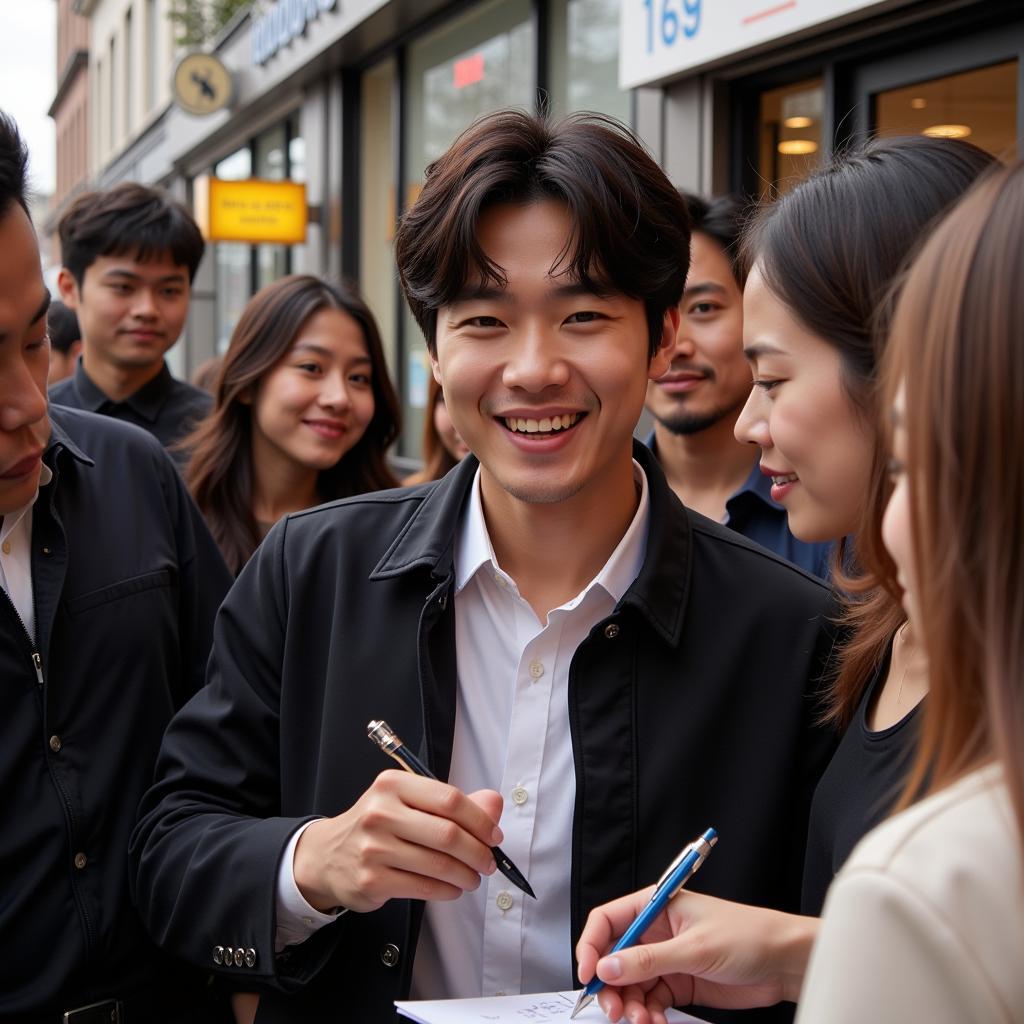 Chanyeol at an EXO fan meeting, interacting with fans and signing autographs.