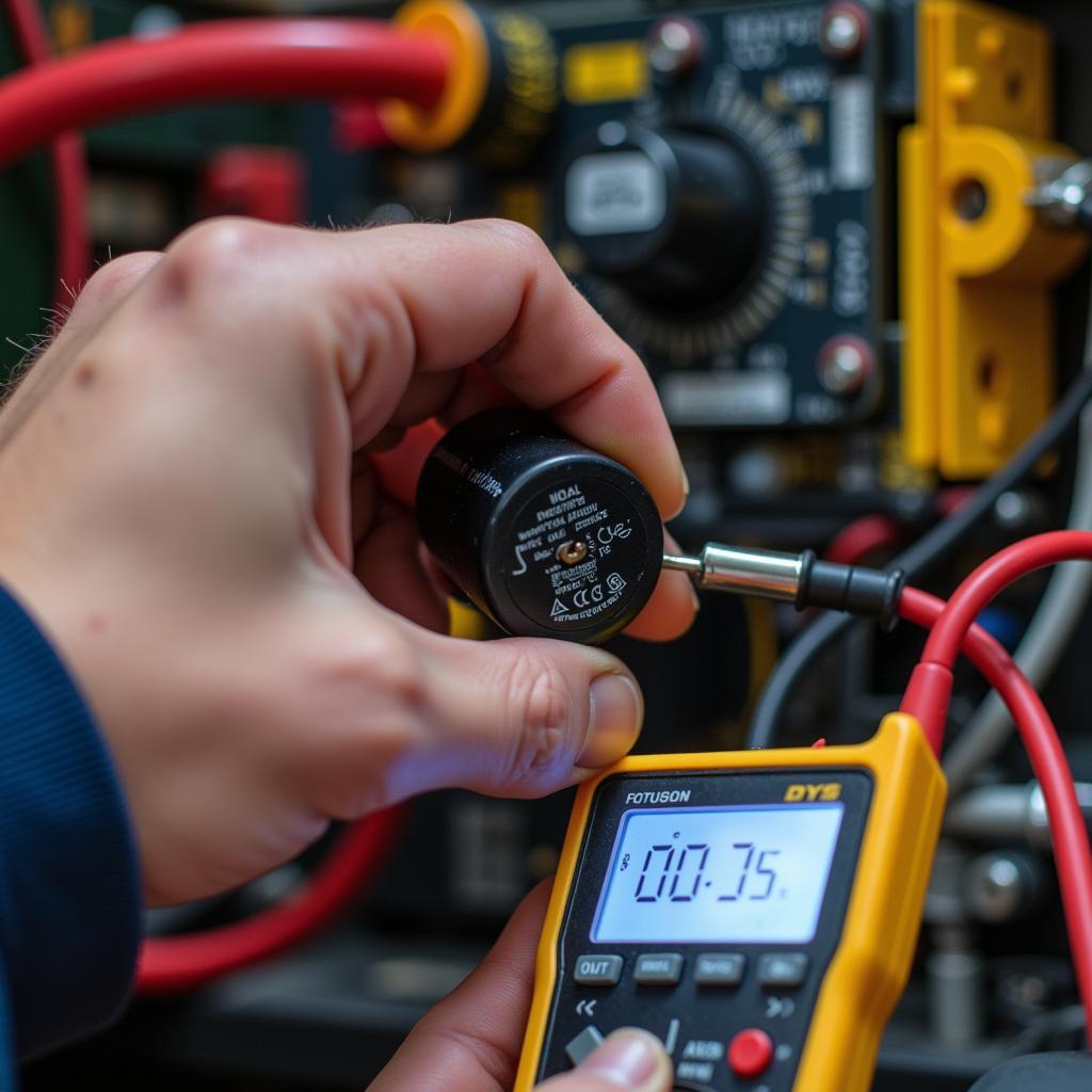 Technician testing an air conditioner capacitor