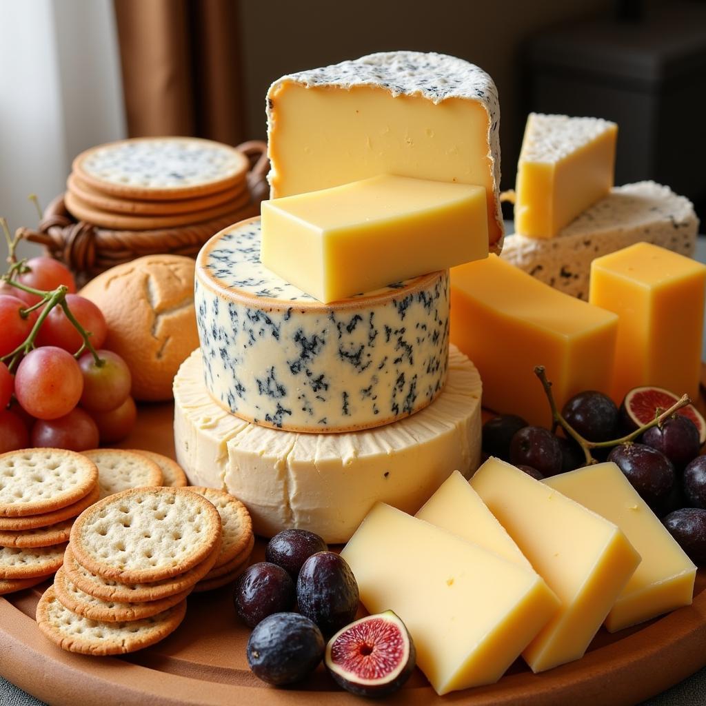 A vibrant cheese board featuring a variety of cheeses, crackers, and fruits.