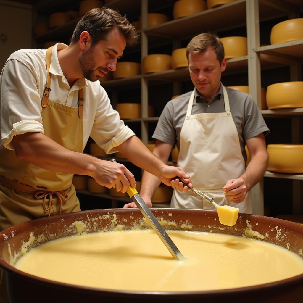 Artisan cheesemaker carefully monitoring the cheesemaking process in a traditional copper vat.