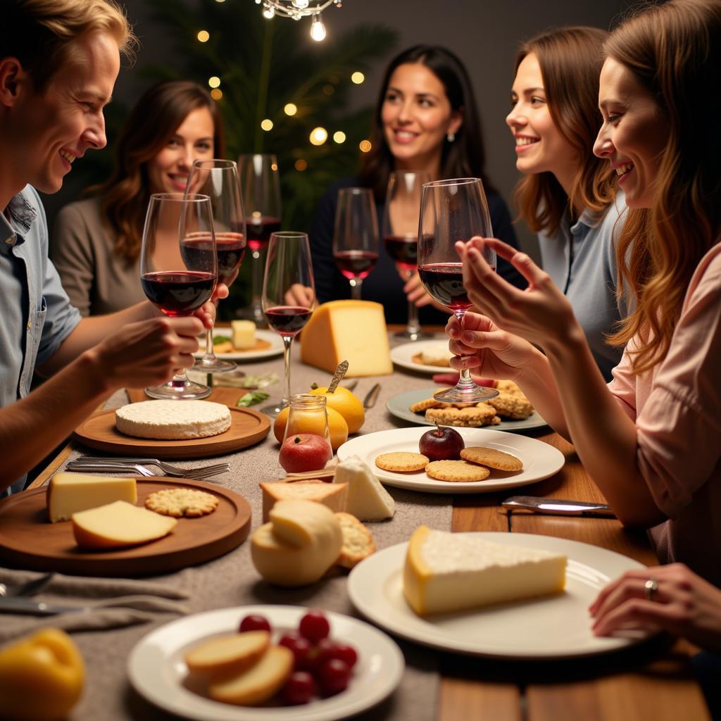 Group of people enjoying a cheese tasting event, sampling various cheeses and discussing their flavors.