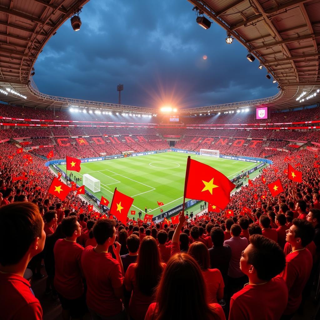 Hanoi football fans cheering enthusiastically during a match.