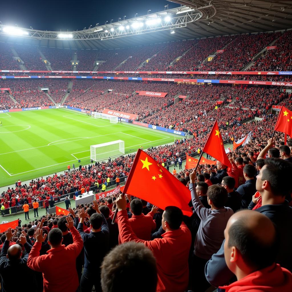 Chinese Football Fans Cheering in a Stadium