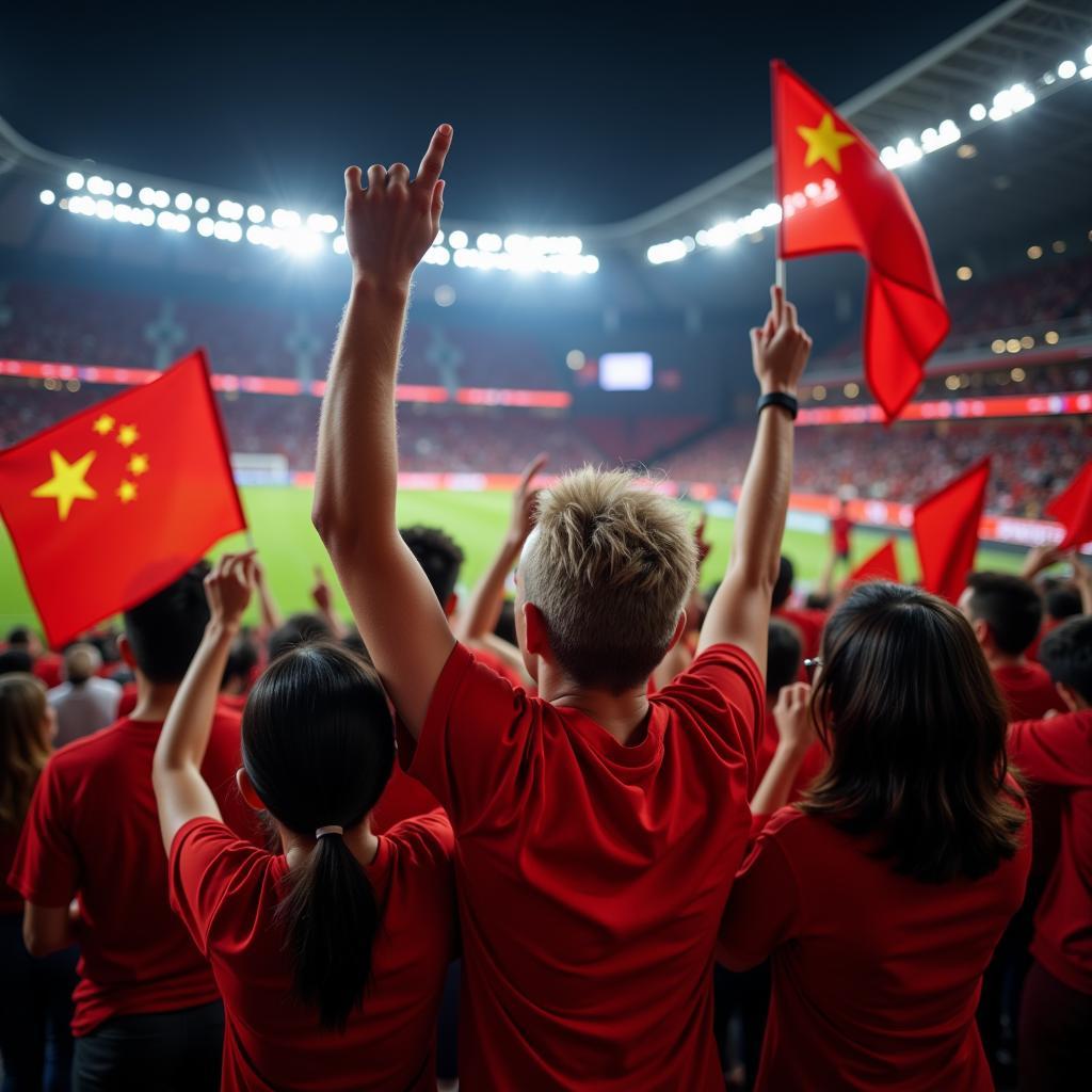 Chinese Football Fans Celebrating a Goal Shown on LED Screen