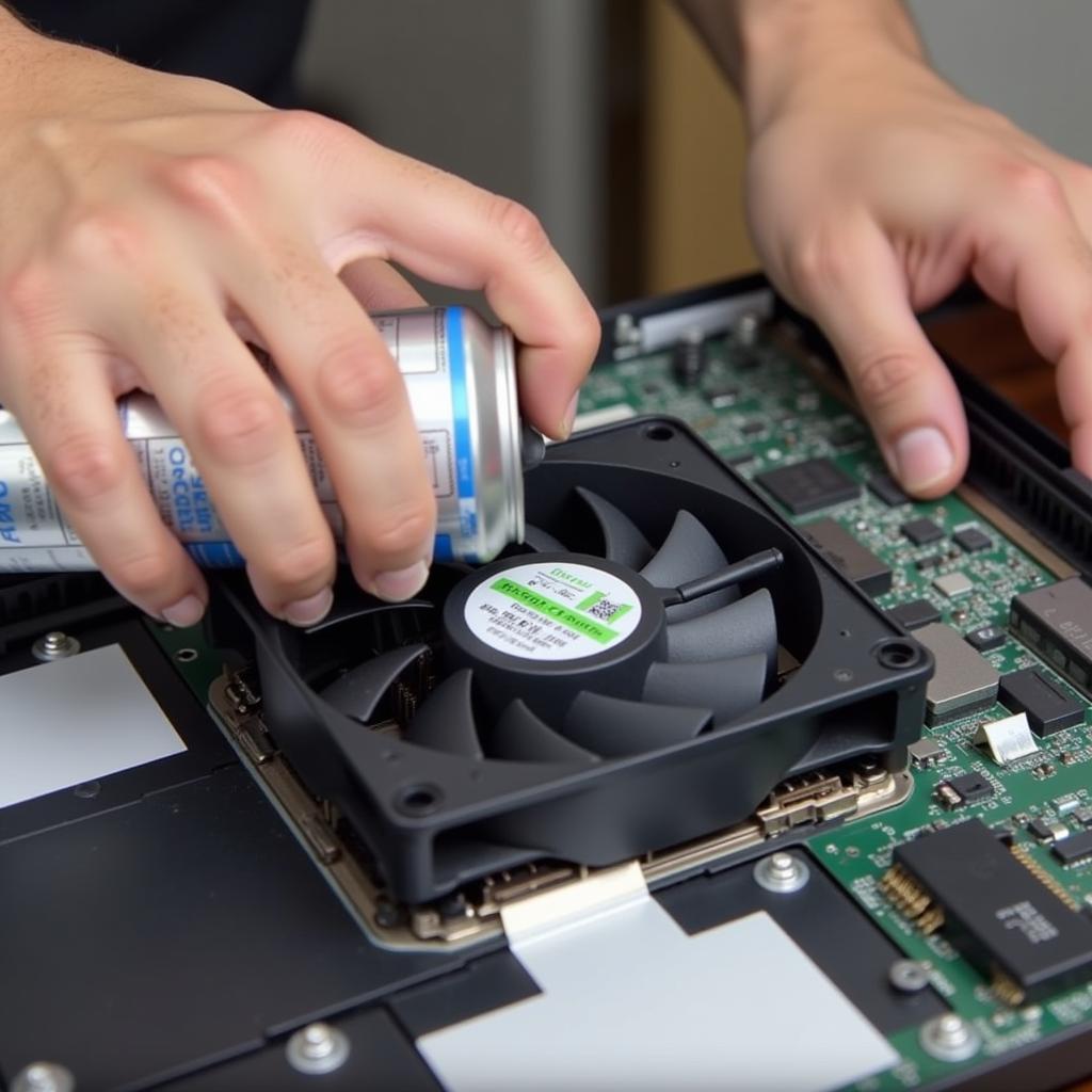 Cleaning the fan of an HP 4530s laptop with compressed air