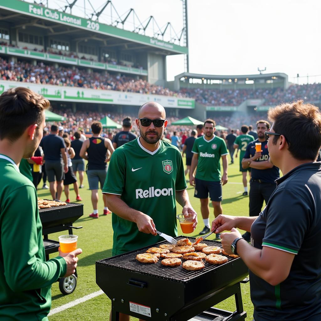 Club Leon fans tailgating and socializing before a match outside the stadium