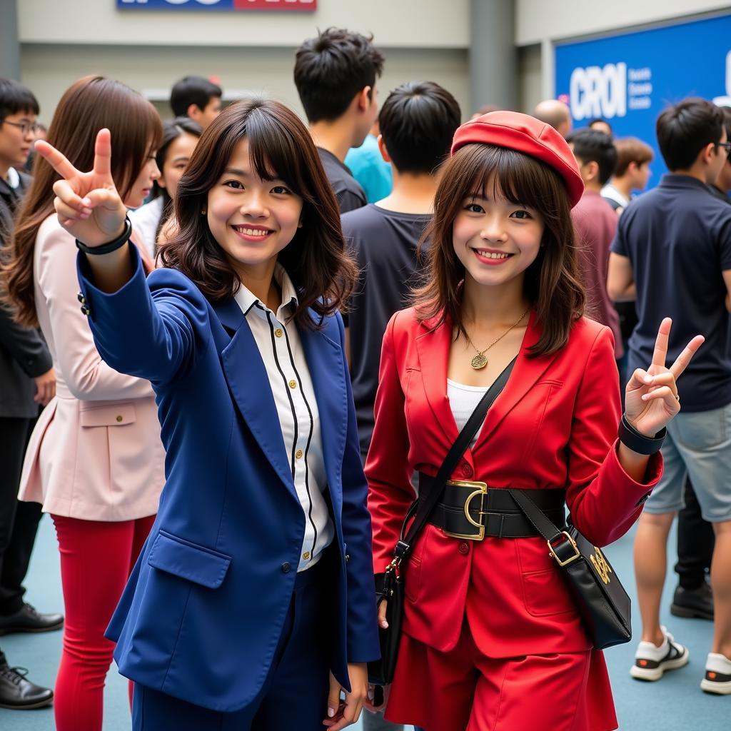 A group of cosplayers dressed as various Detective Conan characters at a convention.