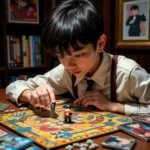 A Conan fan engrossed in a detective-themed board game, surrounded by Conan merchandise.