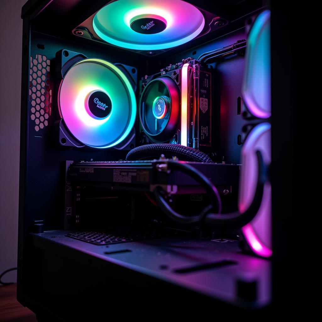 Showcase of the RGB lighting effects of a Cooler Master fan in a PC build.