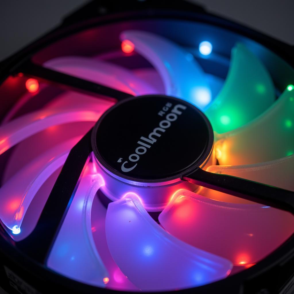 Close-up view of a Coolmoon RGB CPU fan showcasing its vibrant lighting and intricate design.