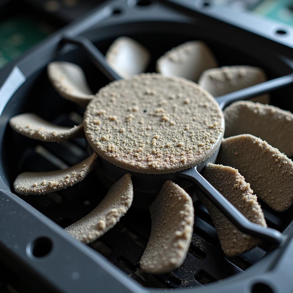 CPU Fan Covered in Dust: This image shows a CPU fan clogged with dust, hindering its ability to cool the CPU effectively and potentially triggering the "CPU fan error."