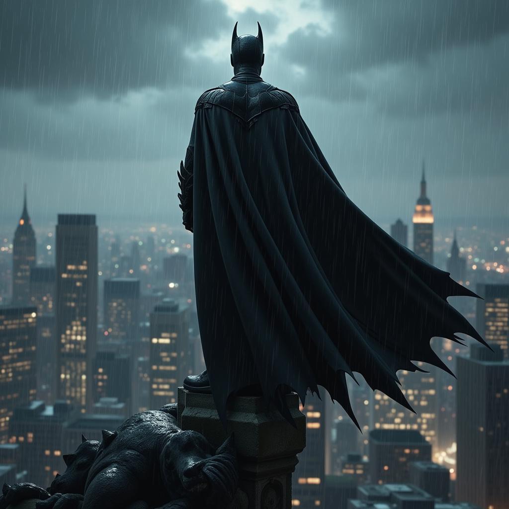 Damian Wayne as Batman, perched on a Gotham gargoyle, rain pouring down, with a brooding expression.