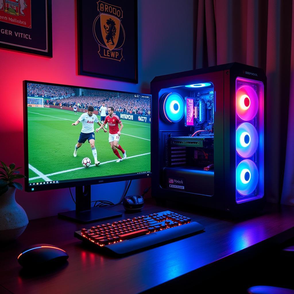 Deepcool fan case integrated into a football-themed gaming setup.