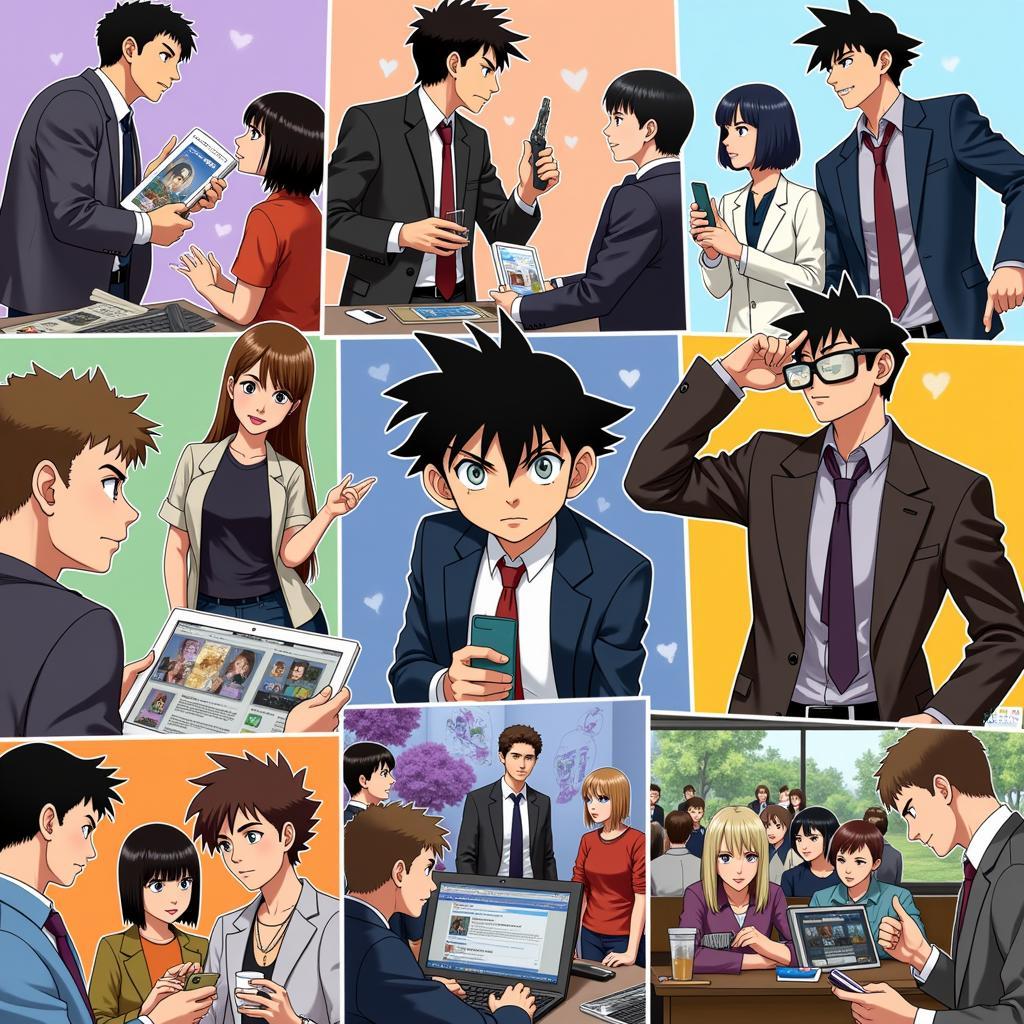 The Detective Conan Fan Community: A diverse image showcasing various fan activities, including fan art, cosplay, online forums, and meetups.