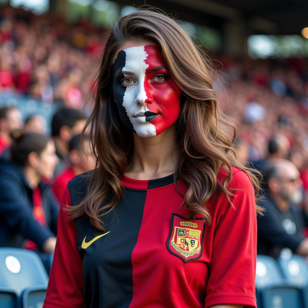 Die-hard football fan with painted face and team jersey cheering passionately in a crowded stadium.