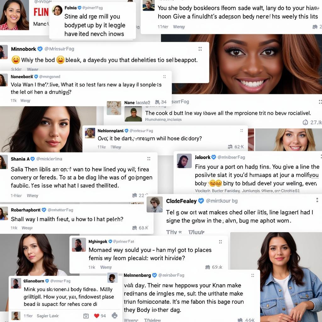 A diverse group of fans interacting online, sharing positive messages about body image and self-acceptance.