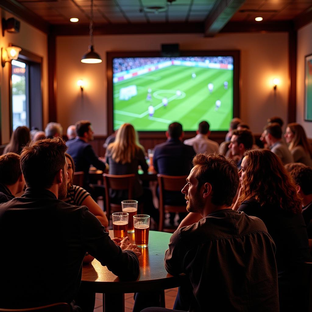 A diverse group of football fans watching a match in a bar