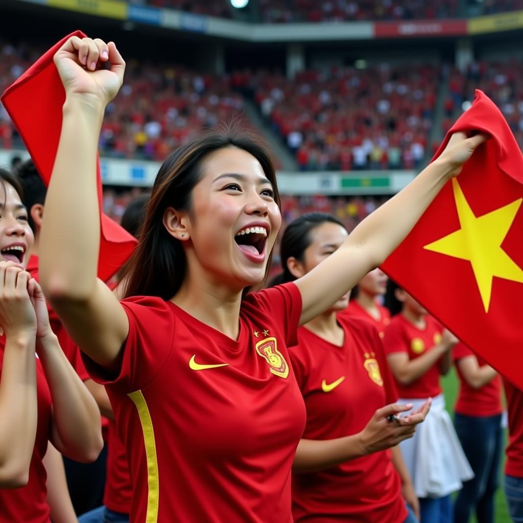 Do My Linh at a Vietnamese football match showing her support