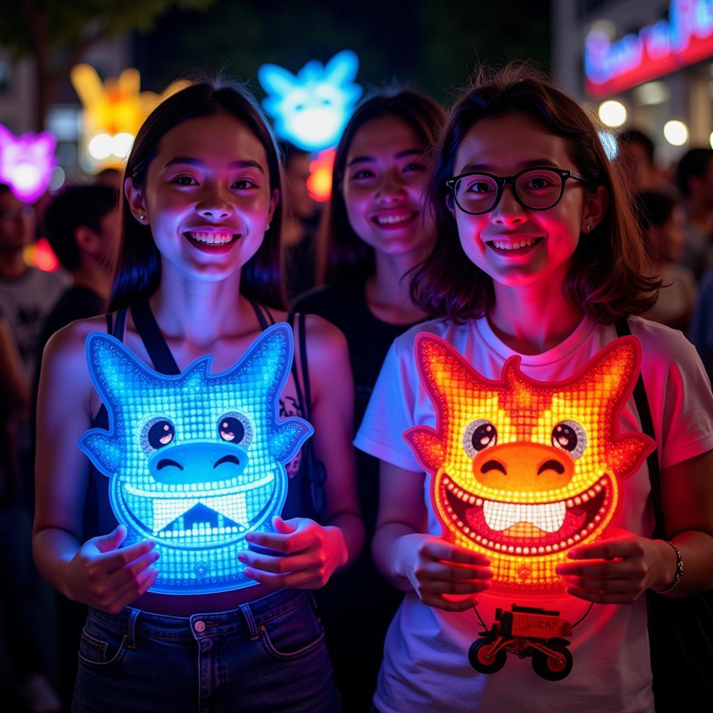 Close up of fans holding dragon LED panels