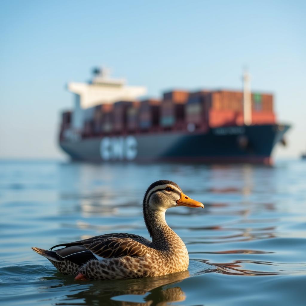 Duck Watching a Passing Vessel