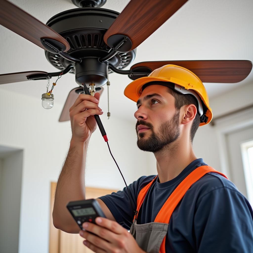 Electrician inspecting a ceiling fan