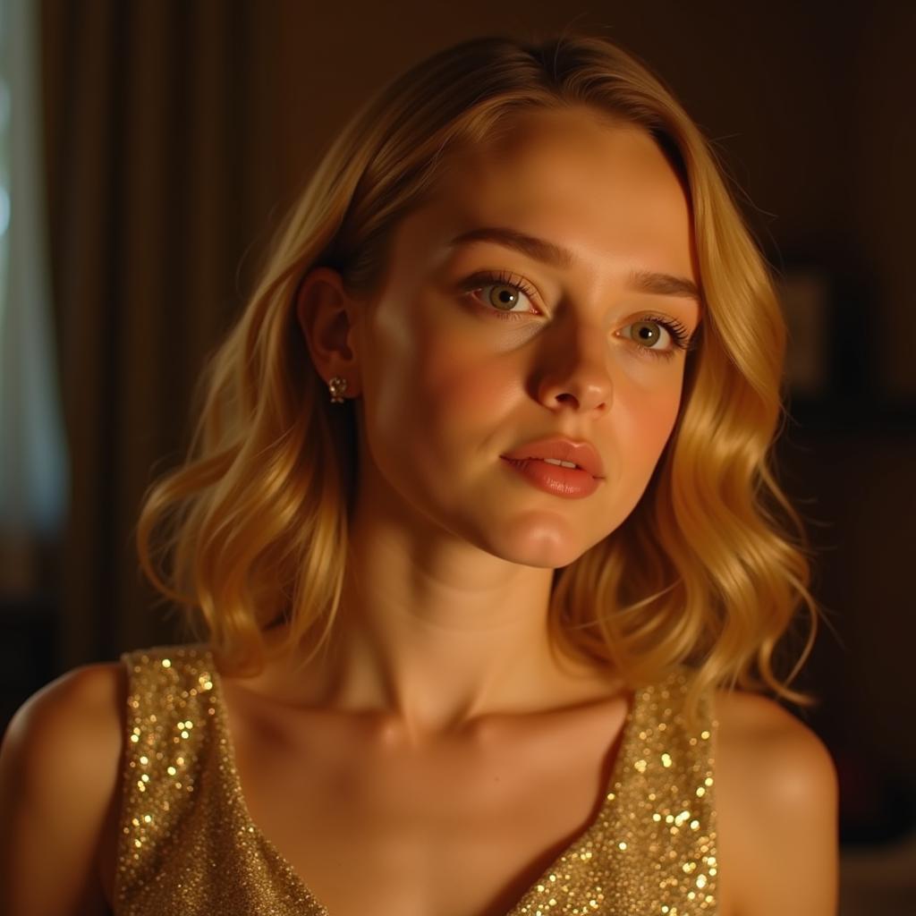 Elle Fanning in a gold dress in The Neon Demon