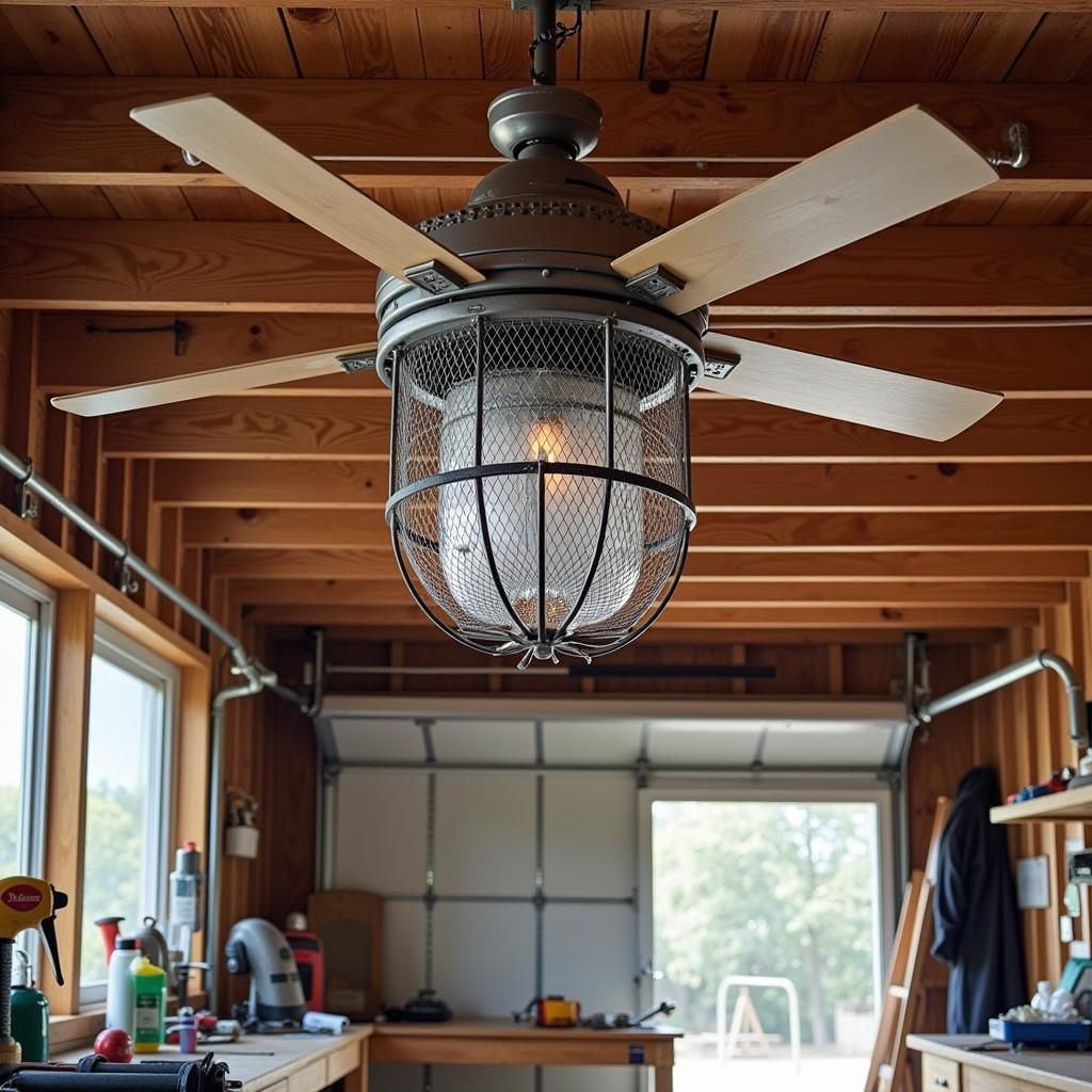 An enclosed ceiling fan effectively cooling a garage workshop, providing a comfortable working environment and protecting the fan from dust and debris.