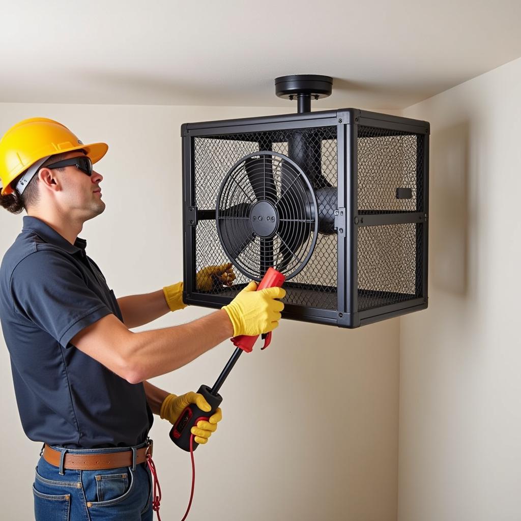 A professional electrician installing an enclosed ceiling fan, ensuring proper wiring and secure mounting.