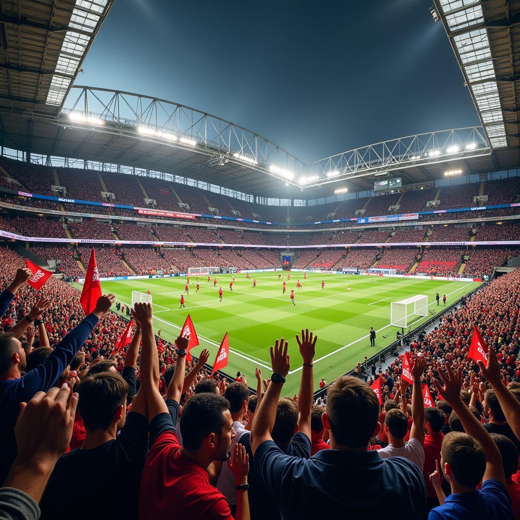 Fans chanting English football slang at a stadium