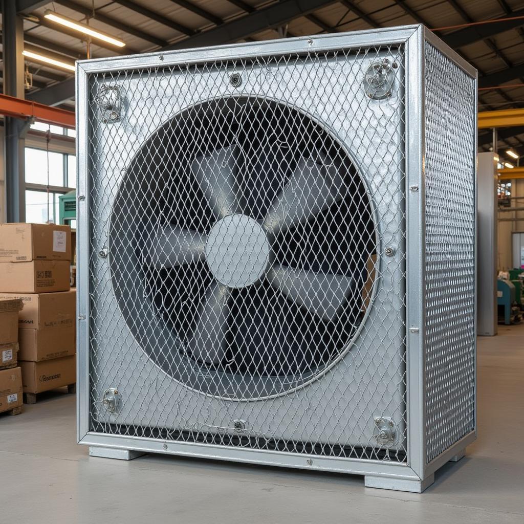 Expanded metal barrier protecting an industrial fan from debris and accidental contact.