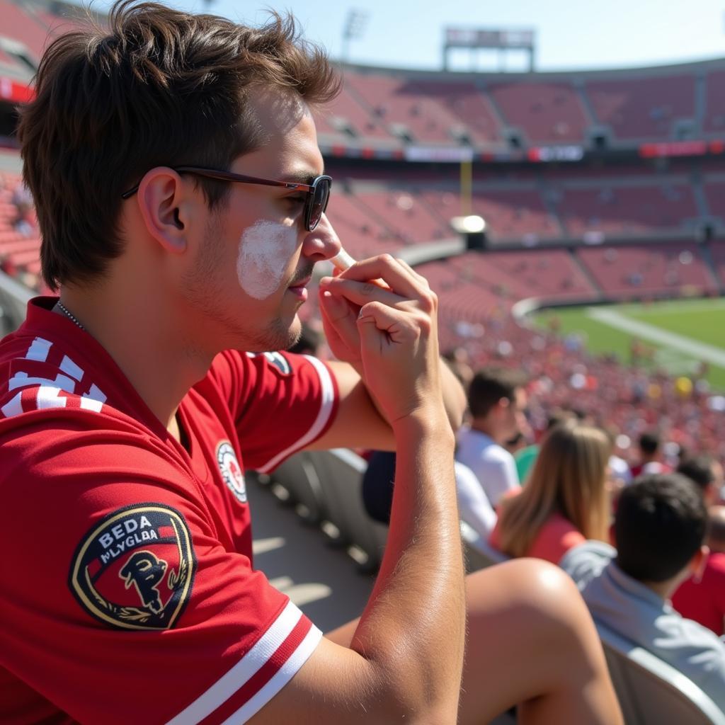 Fan Applying Sunscreen at a Football Game