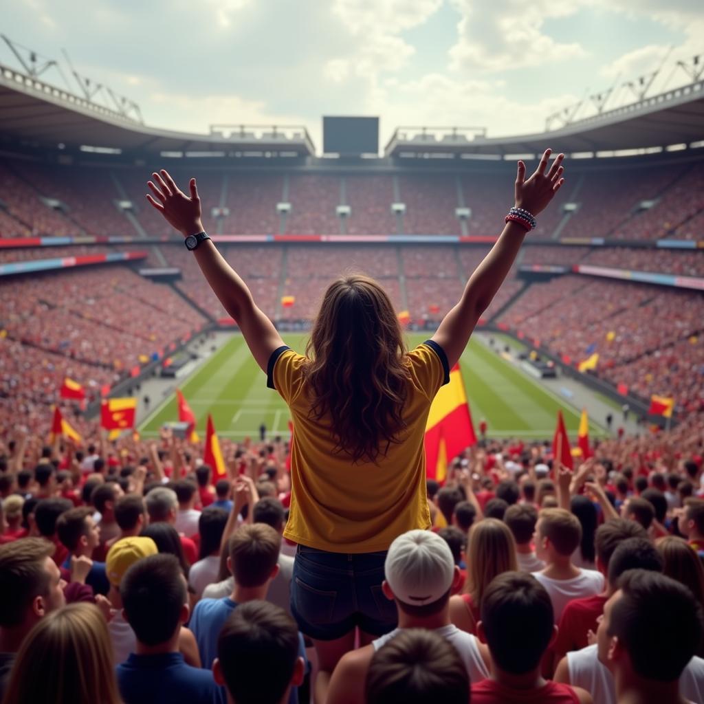 A charismatic fan leader conducting a chant in a packed stadium