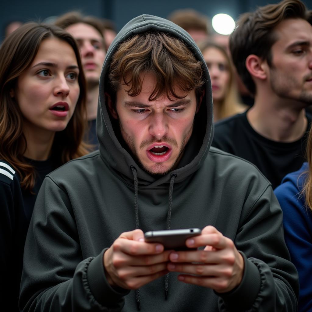 Fan anxiously checking football scores