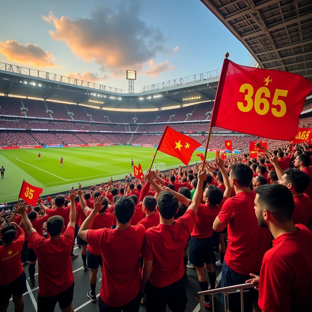 Fans cheering passionately in a packed stadium