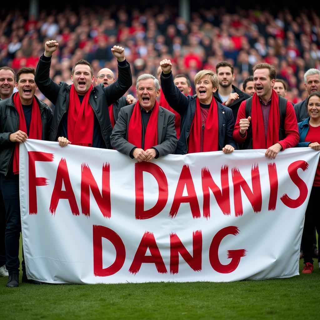 Fans celebrating a goal with Dannis Dang banner