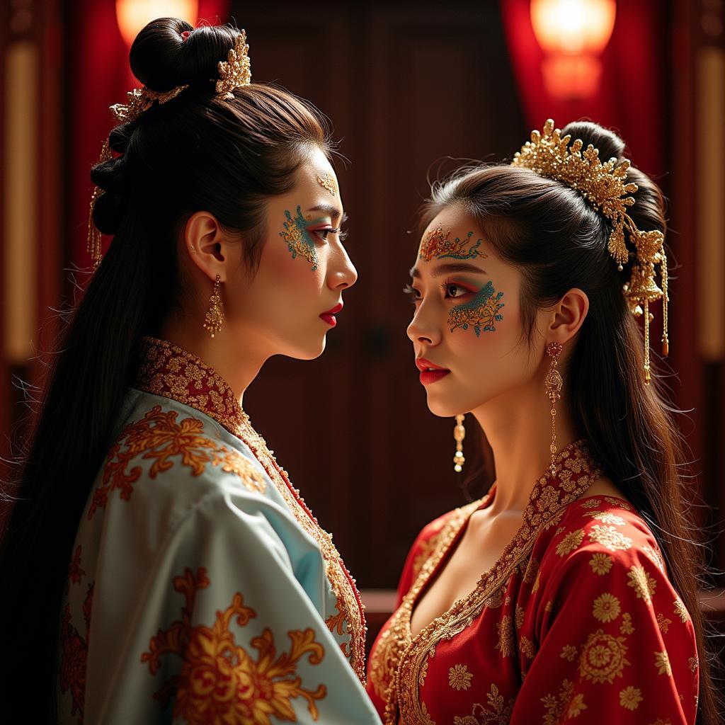 A still from a classic fan mei sheng movie showing actors in elaborate costumes and makeup.