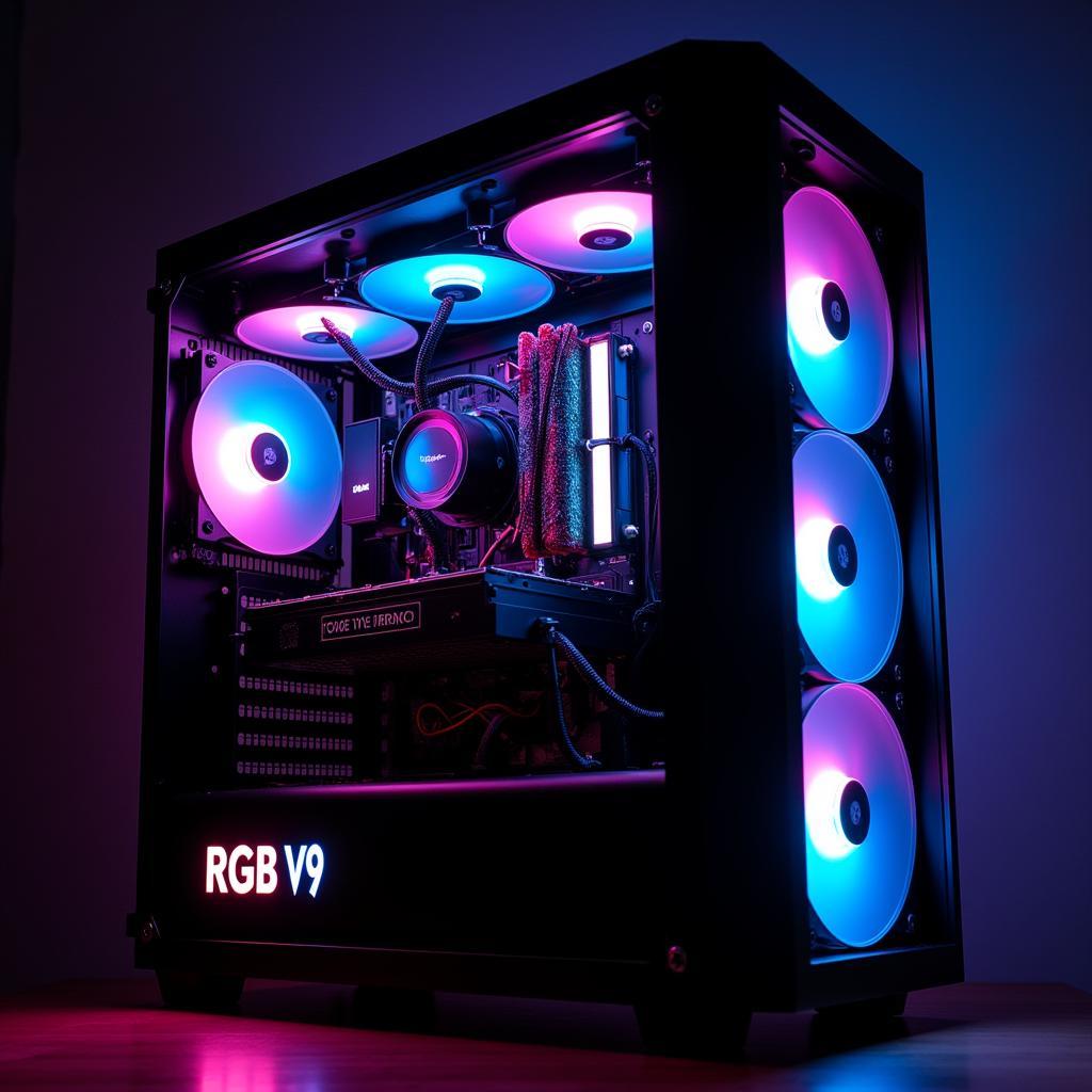 A PC case equipped with multiple Fan RGB V9 units, showcasing the vibrant and synchronized RGB lighting effects.