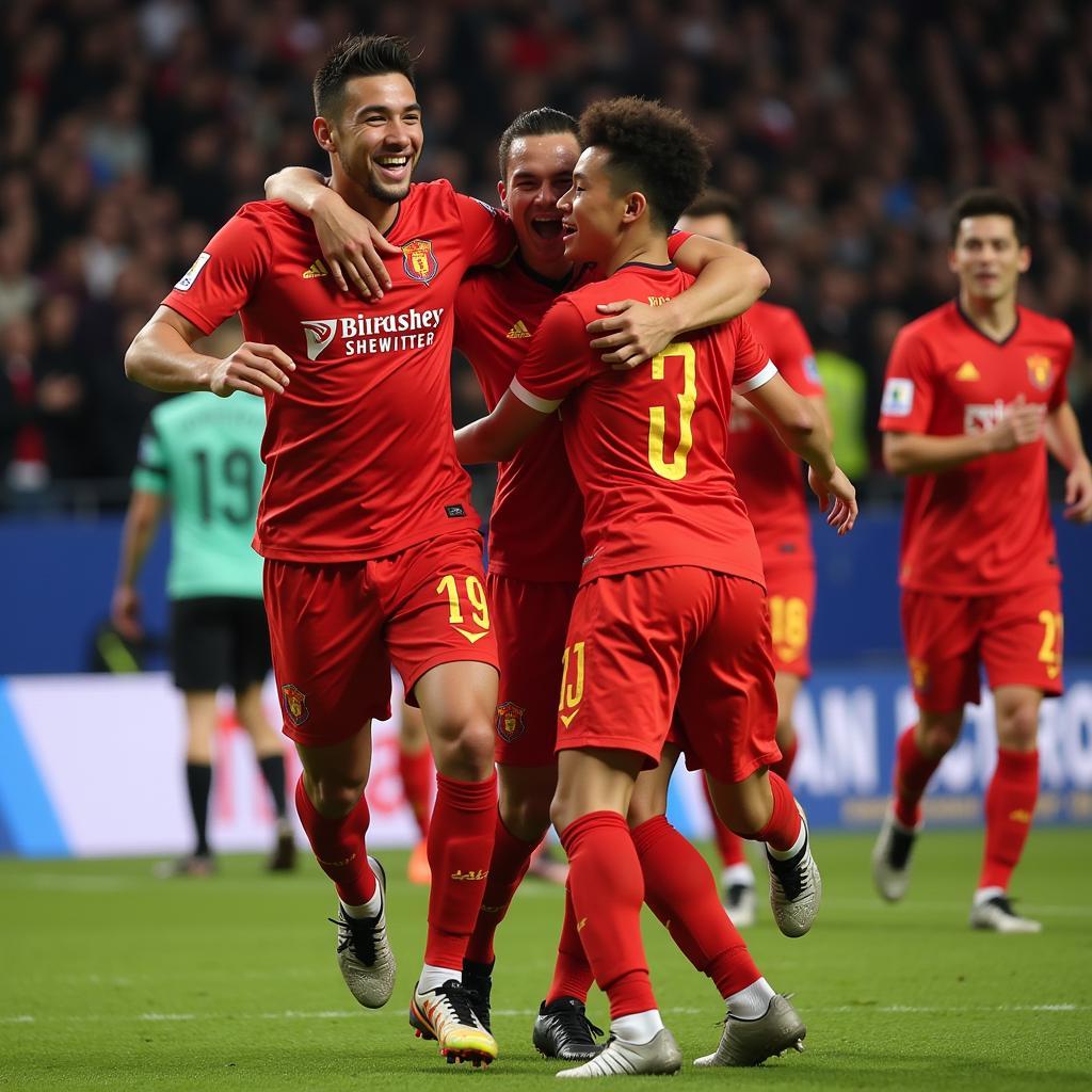 Fan Tiantian celebrating a goal with teammates, showcasing their passion for the game.