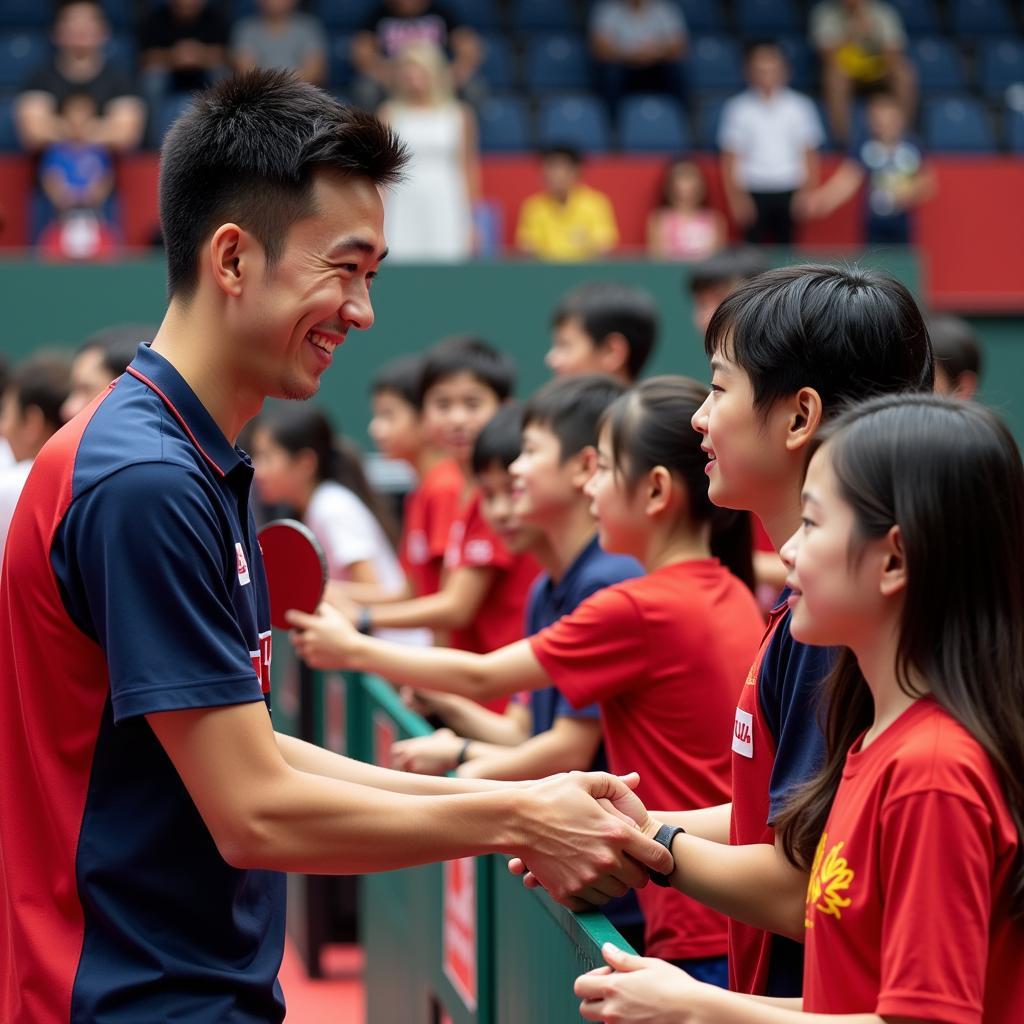 Fan Zhendong interacting with Vietnamese fans during a tournament in Ho Chi Minh City.