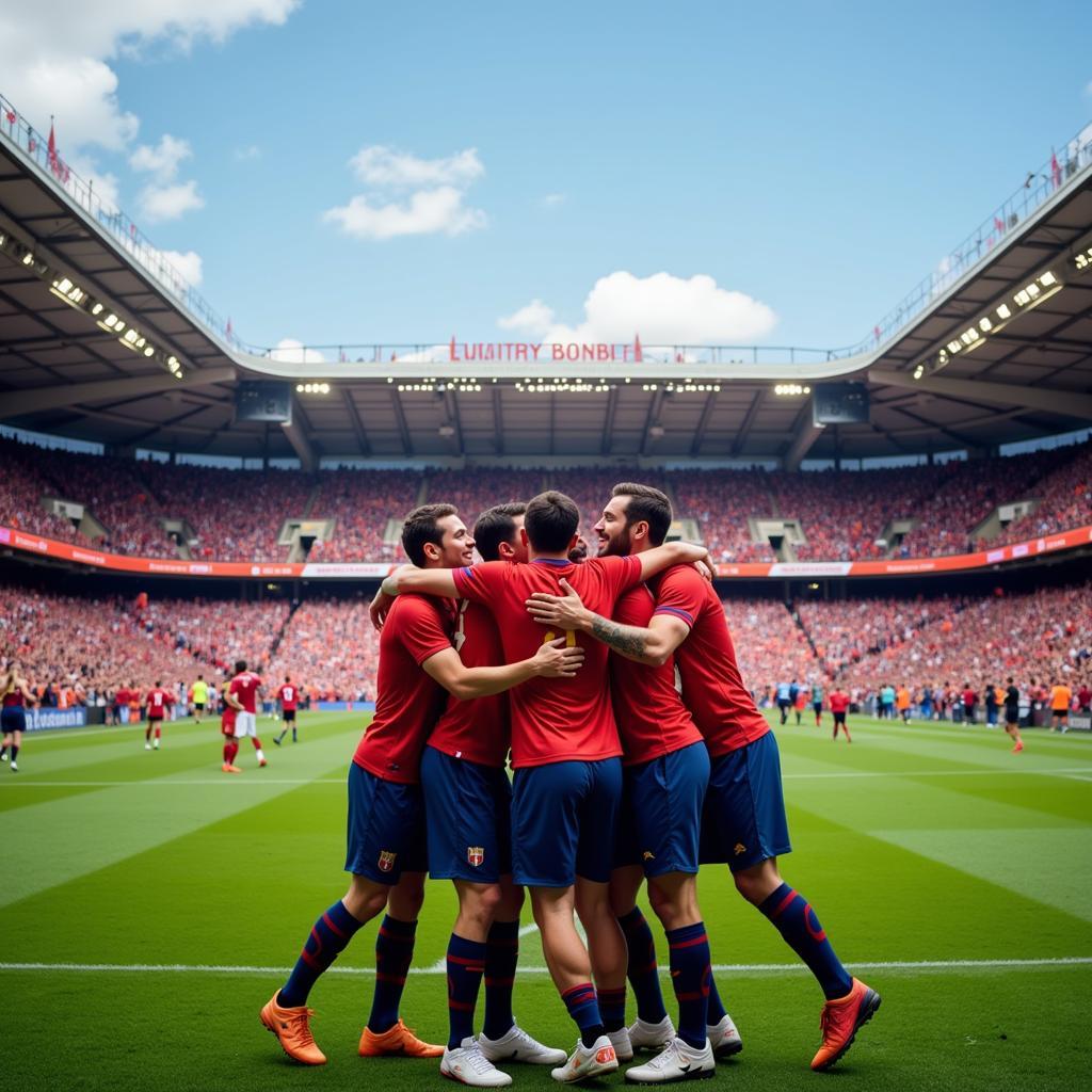 Football fans celebrating a goal in a packed stadium