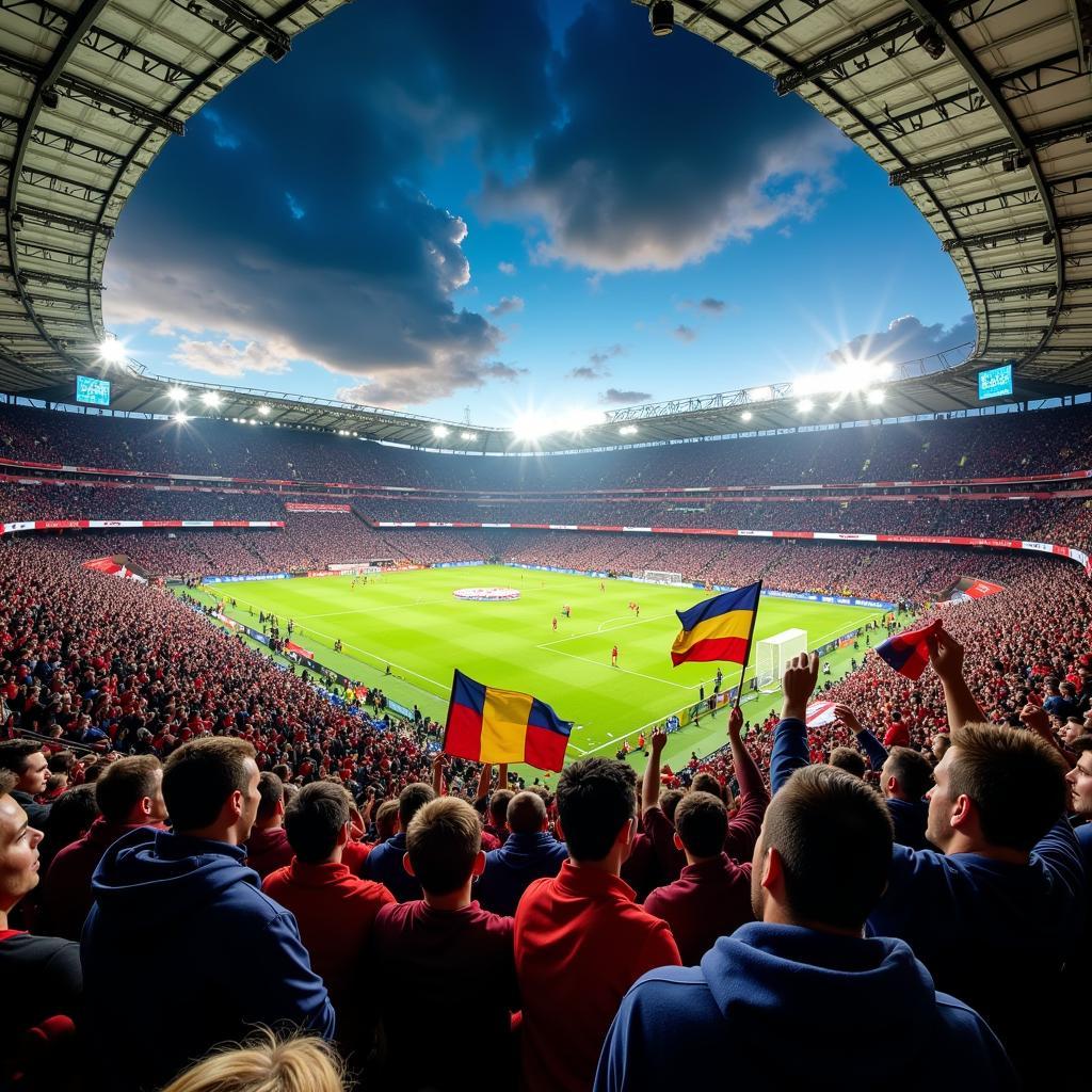 Fans cheering in a packed stadium